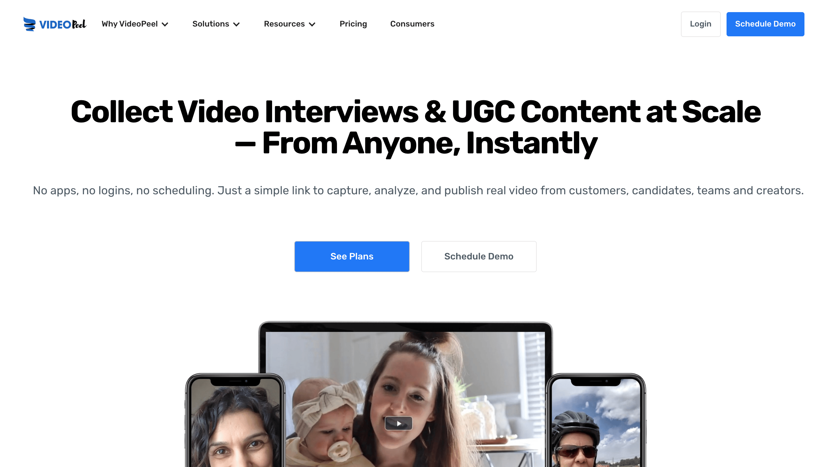 The VideoPeel homepage, headlined "Collect Video Interviews & UGC Content at Scale."
