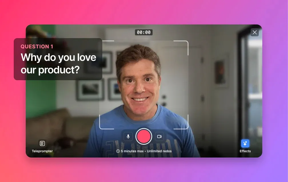 A customer recording a testimonial in the Vocal Video collector, background blurred, the on-screen question reading "Why do you love our product?"