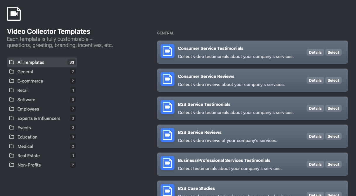 Vocal Video has over 33 Video Collector Templates for your remote video testimonials.