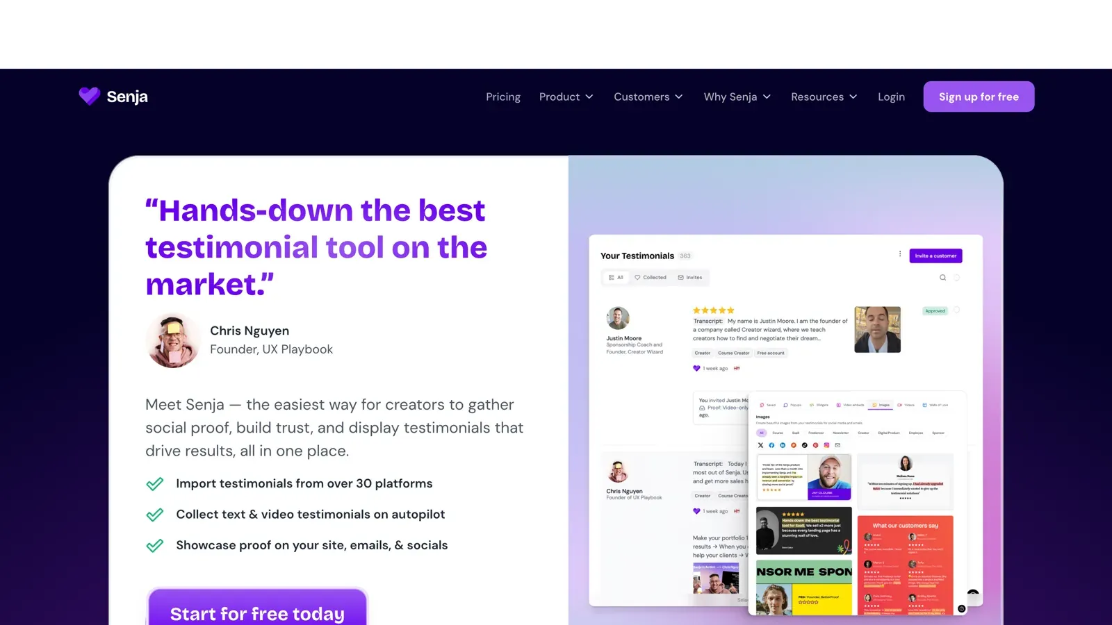 Senja homepage led by the customer quote "Hands-down the best testimonial tool on the market," beside a testimonials dashboard, with the line "Meet Senja — the easiest way for creators to gather social proof."