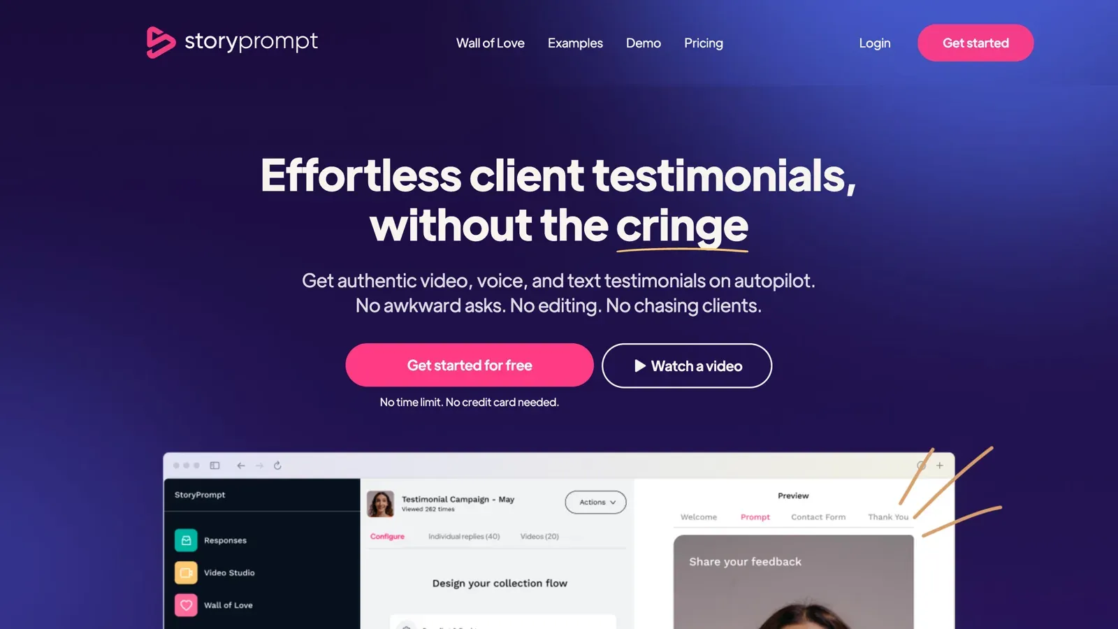StoryPrompt homepage headed "Effortless client testimonials, without the cringe," with the subhead "Get authentic video, voice, and text testimonials on autopilot" and a "Get started for free" button.