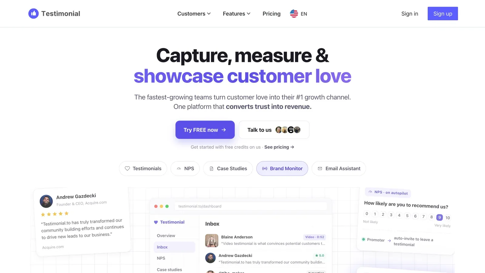 Testimonial.to homepage headed "Capture, measure & showcase customer love," with the line "The fastest-growing teams turn customer love into their #1 growth channel" and a dashboard-inbox preview.