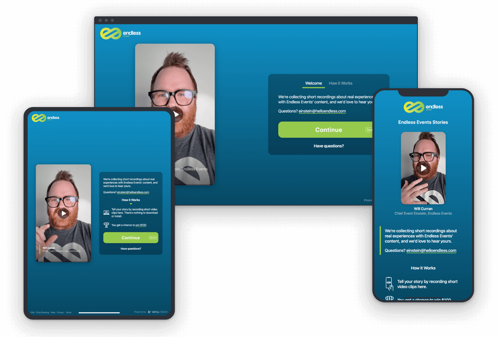 The Vocal Video collector shown on desktop, tablet and phone — a branded recording page where a customer records a video testimonial on their own device.