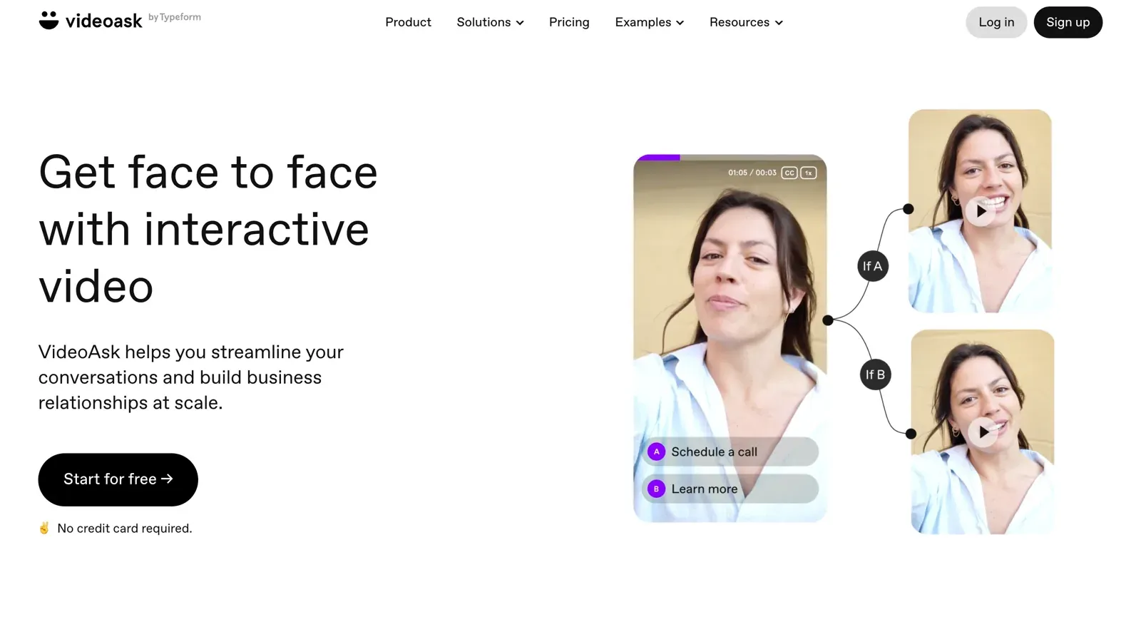 VideoAsk (by Typeform) homepage headed "Get face to face with interactive video," showing an interactive branching-video demo and the line "VideoAsk helps you streamline your conversations and build business relationships at scale."