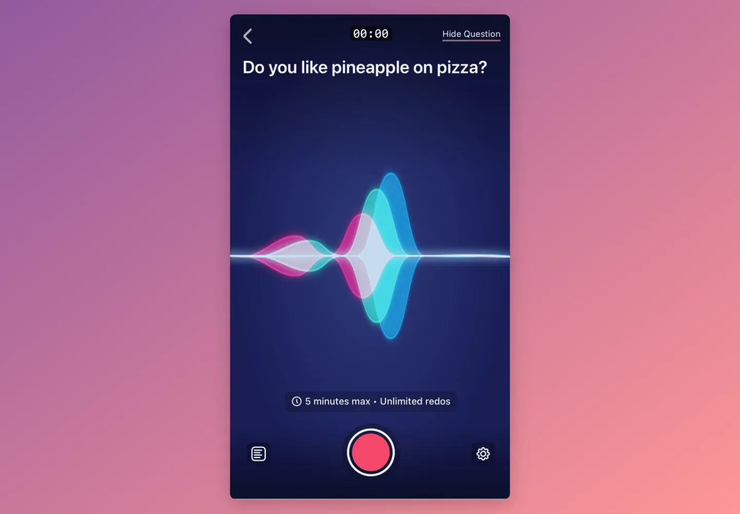 Vocal Video's audio-only recording option: a waveform with a five-minute limit and unlimited re-dos.