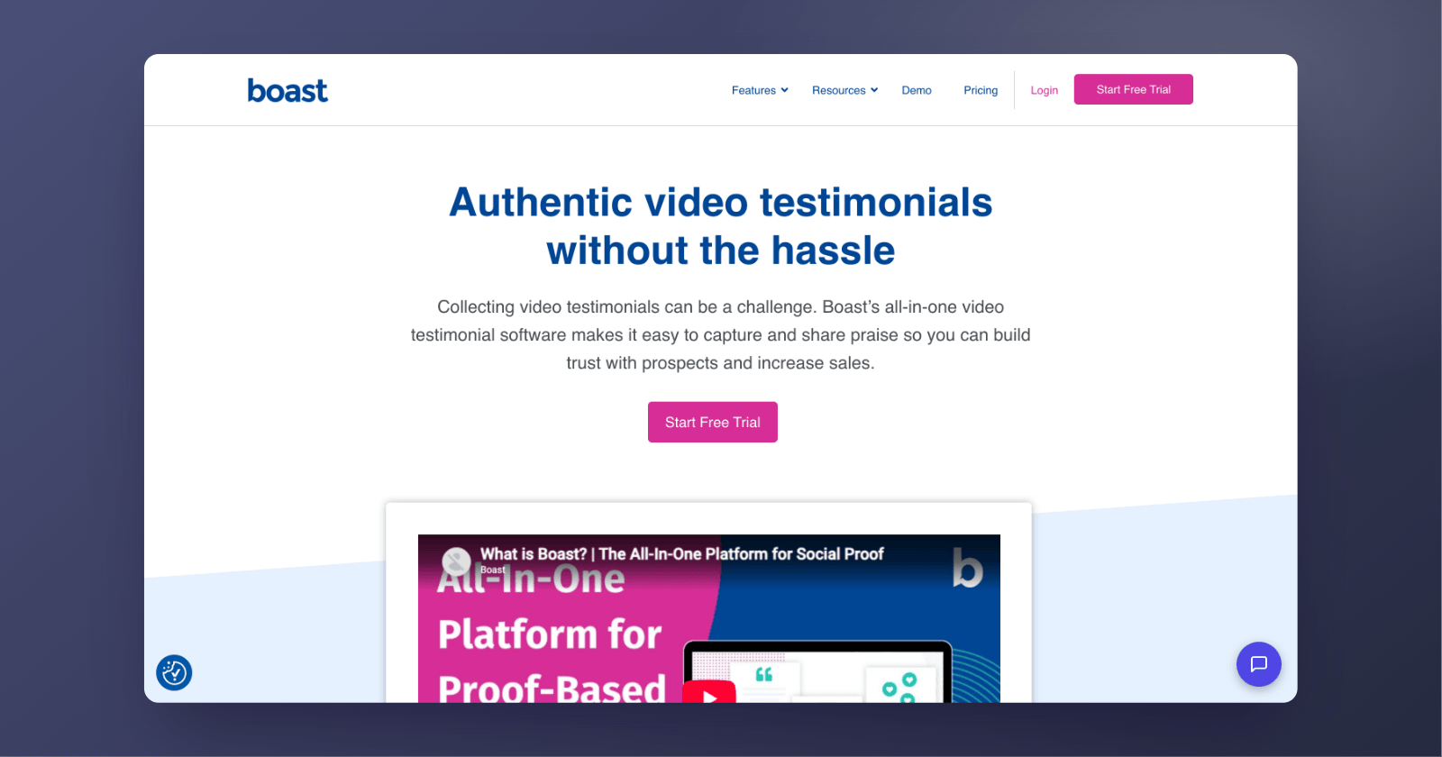 Boast's homepage in September 2026: "Authentic video testimonials without the hassle."