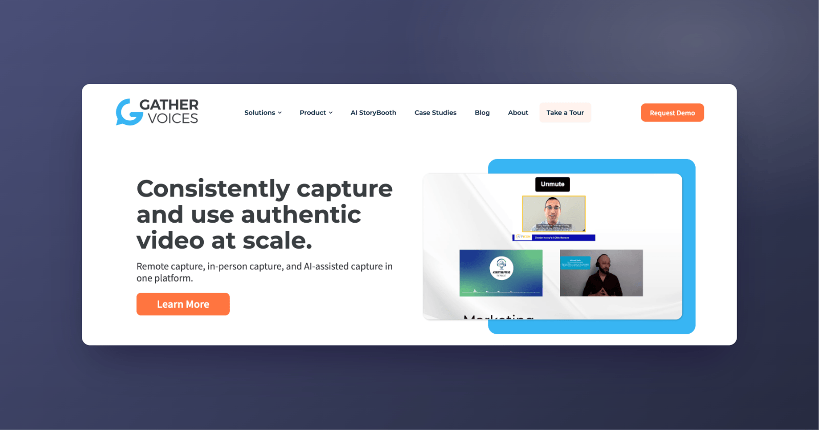 Gather Voices' homepage in September 2026: "Consistently capture and use authentic video at scale."