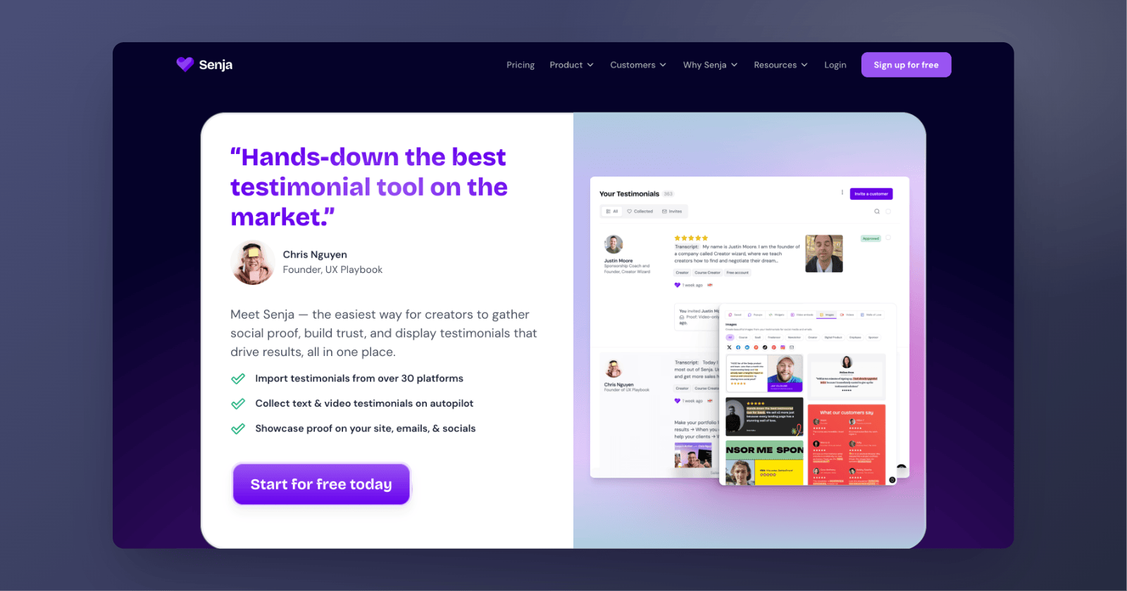 Senja's homepage in September 2026: a customer quote calling it the best testimonial tool, beside its testimonial dashboard.
