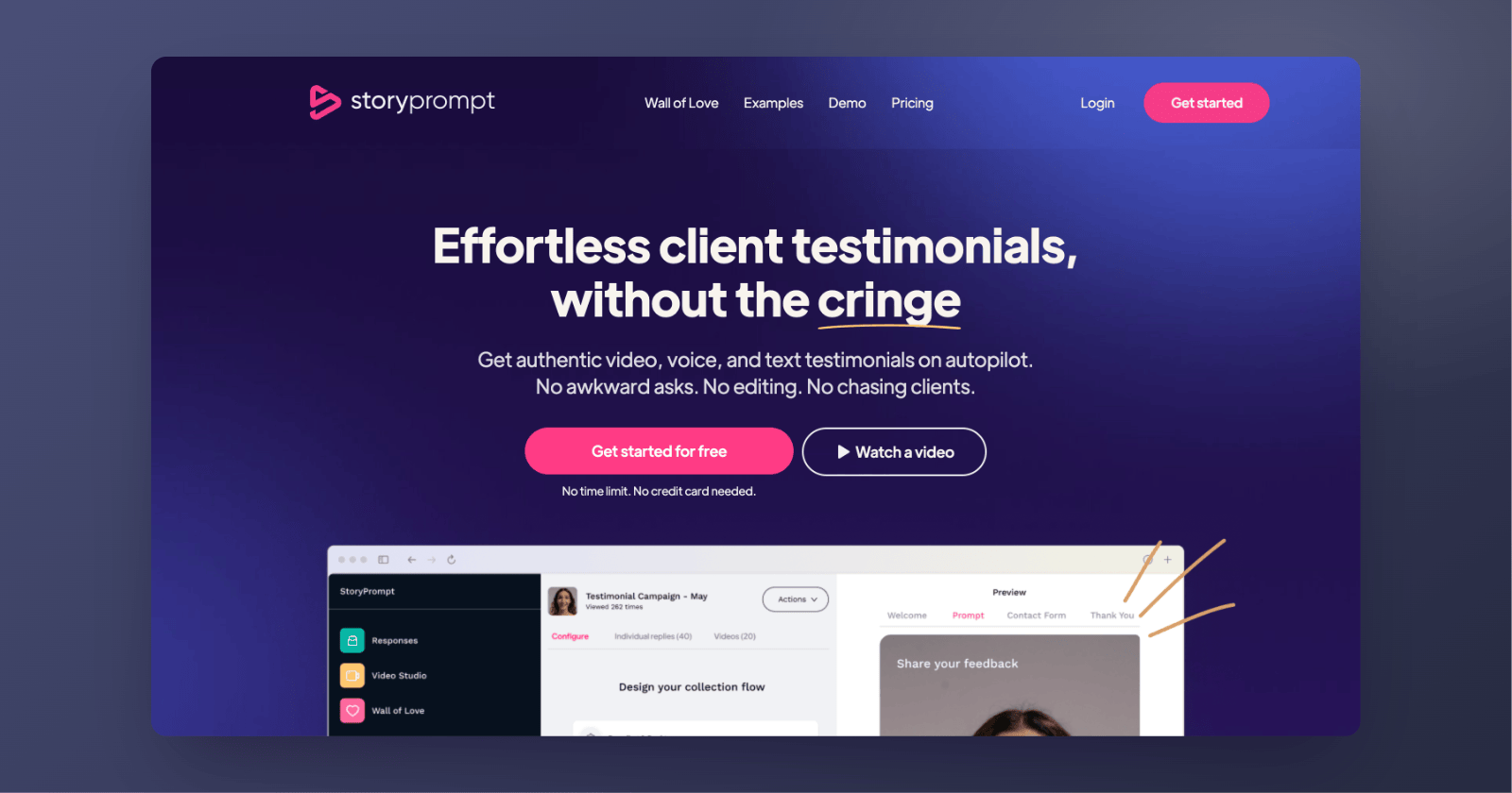 StoryPrompt's homepage in September 2026: "Effortless client testimonials, without the cringe."