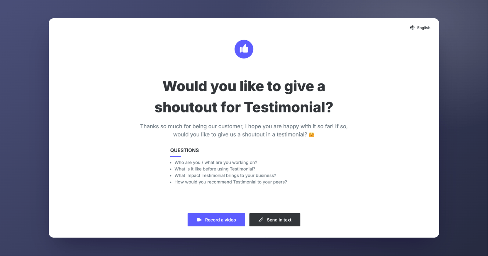 A Testimonial.to collection page asking a customer for a shoutout, with a list of questions and Record a video or Send in text buttons.