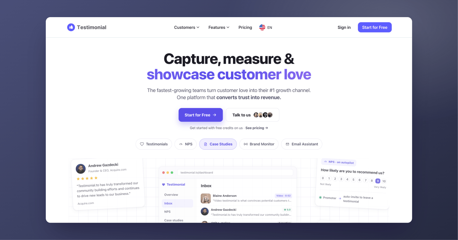 Testimonial.to's homepage in September 2026: "Capture, measure & showcase customer love," with a Start for free button.