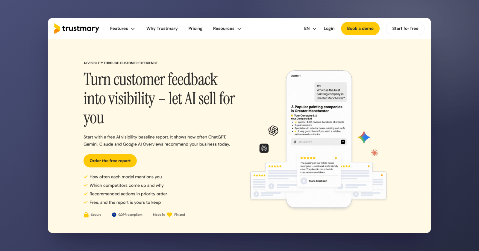 Trustmary's homepage in September 2026: "Turn customer feedback into visibility – let AI sell for you."