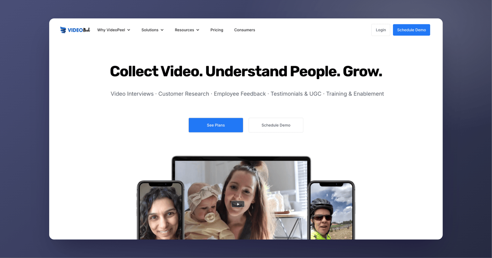 VideoPeel's homepage in September 2026: "Collect Video. Understand People. Grow."