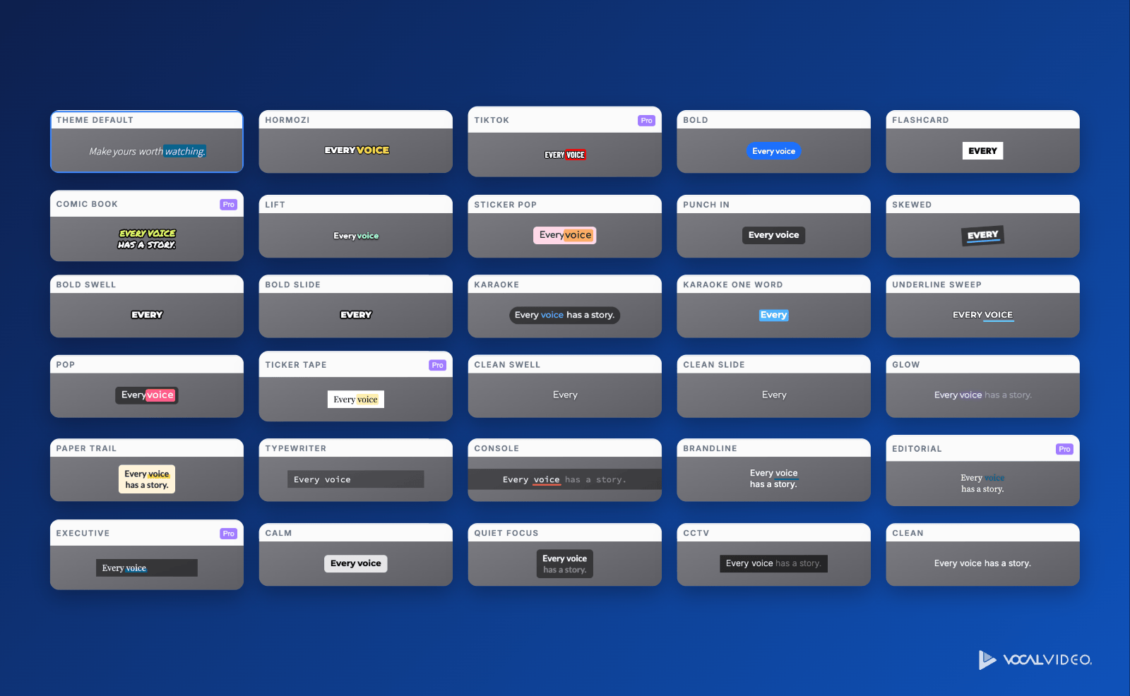 All 30 Vocal Video caption presets in a grid, each card showing the preset's name, a Pro badge where it uses a Pro font, and a sample caption.