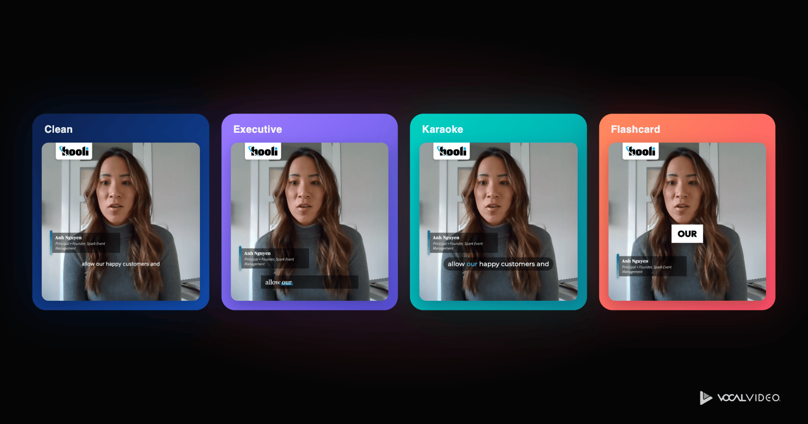 The same frame of a customer's video captioned in four styles: Clean, Executive, Karaoke and Flashcard.