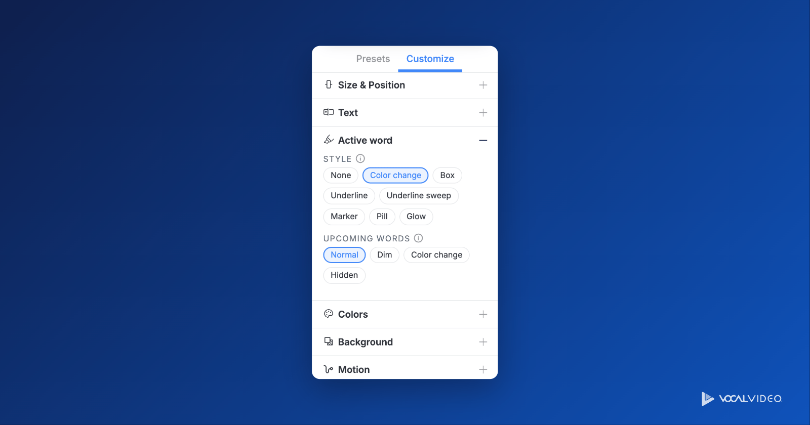 The Customize tab of the Captions panel, with the Active word section open to show highlight styles (None, Color change, Box, Underline, Underline sweep, Marker, Pill, Glow) and options for upcoming words.