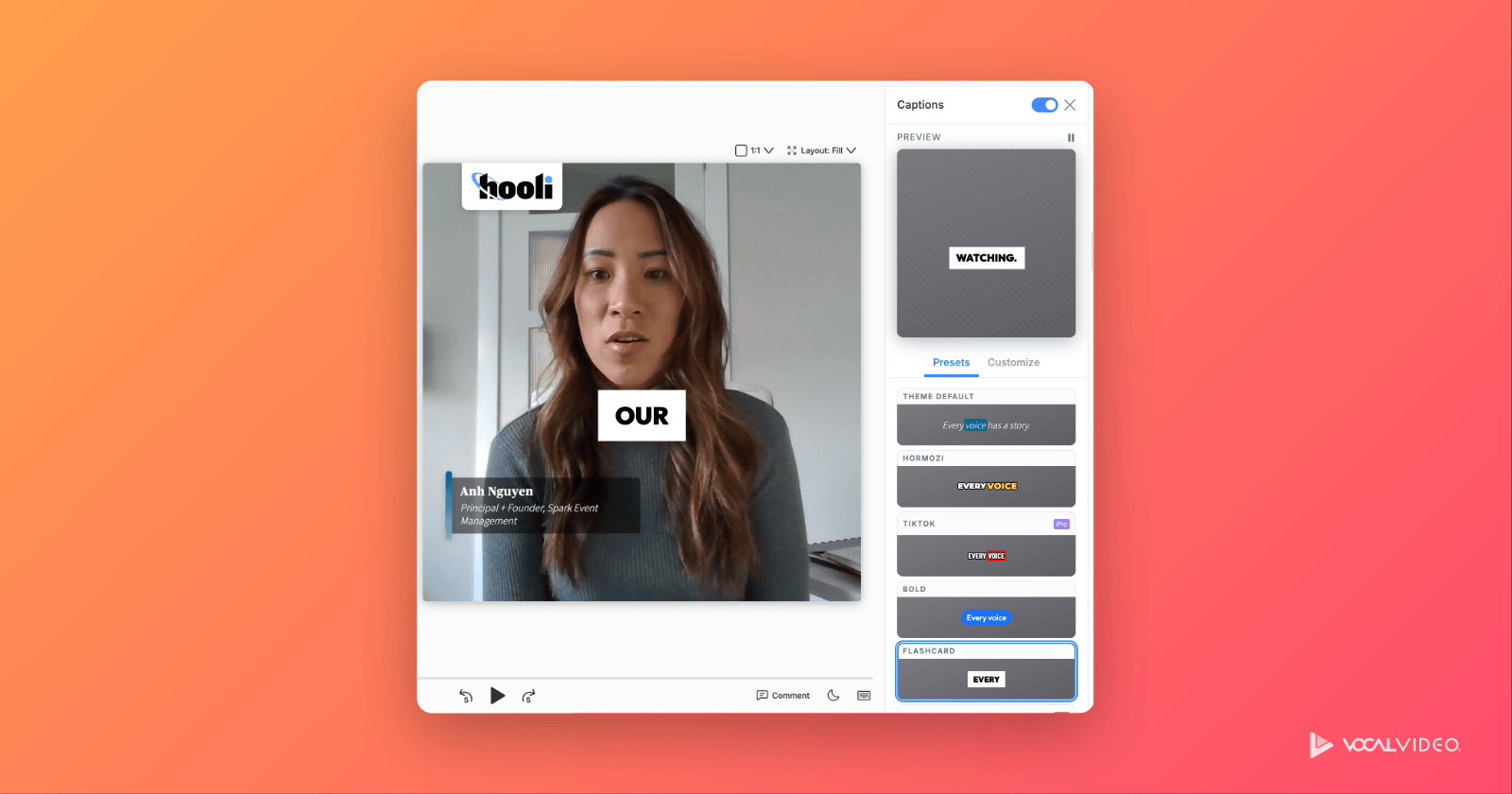 The Vocal Video editor with the Captions panel open on Presets, the Flashcard style selected and a one-word Flashcard caption on a customer's video.