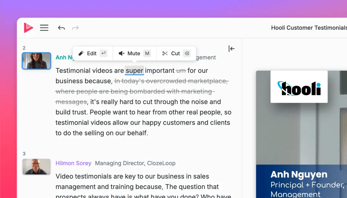 The Vocal Video editor: a customer testimonial edited by selecting words in the transcript, with struck-through cuts and Edit, Mute and Cut controls.