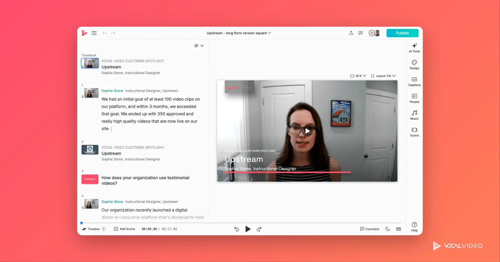 Vocal Video's editor: the transcript list on the left beside the video preview and editing tools on the right.