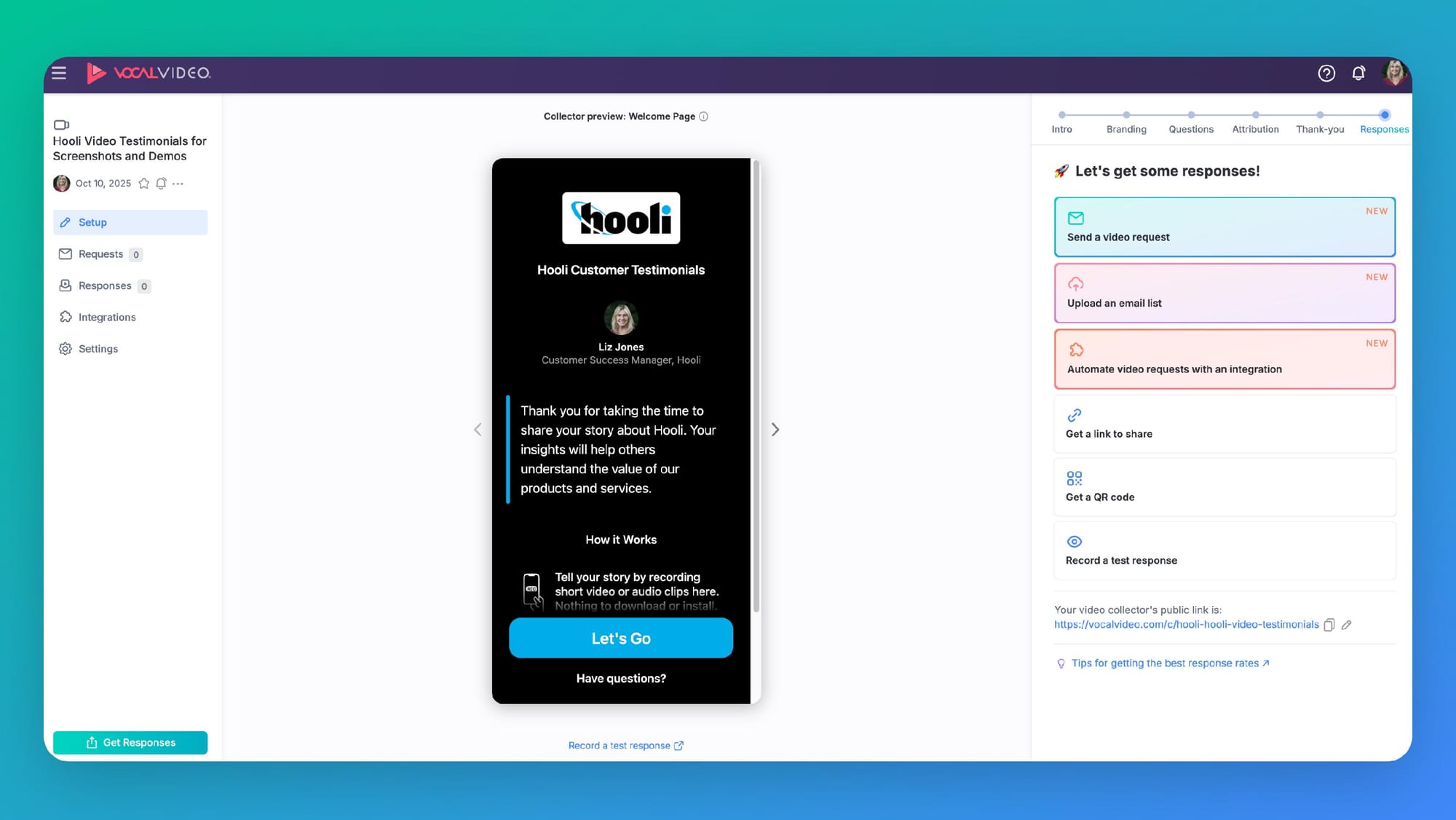 The Vocal Video collector setup screen: a branded "Welcome Page" preview in the center and a "Let's get some responses!" panel offering ways to send a request — email a video request, upload an email list, automate via an integration, share a link, or generate a QR code.