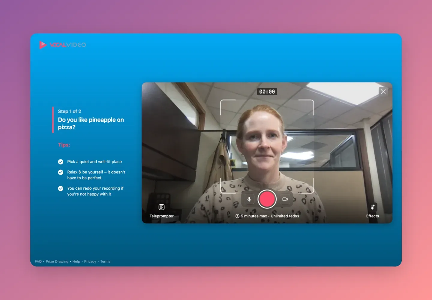 Vocal Video's in-browser recording screen: the interview question and a tips list beside the framed shot, with a teleprompter and on-screen effects.