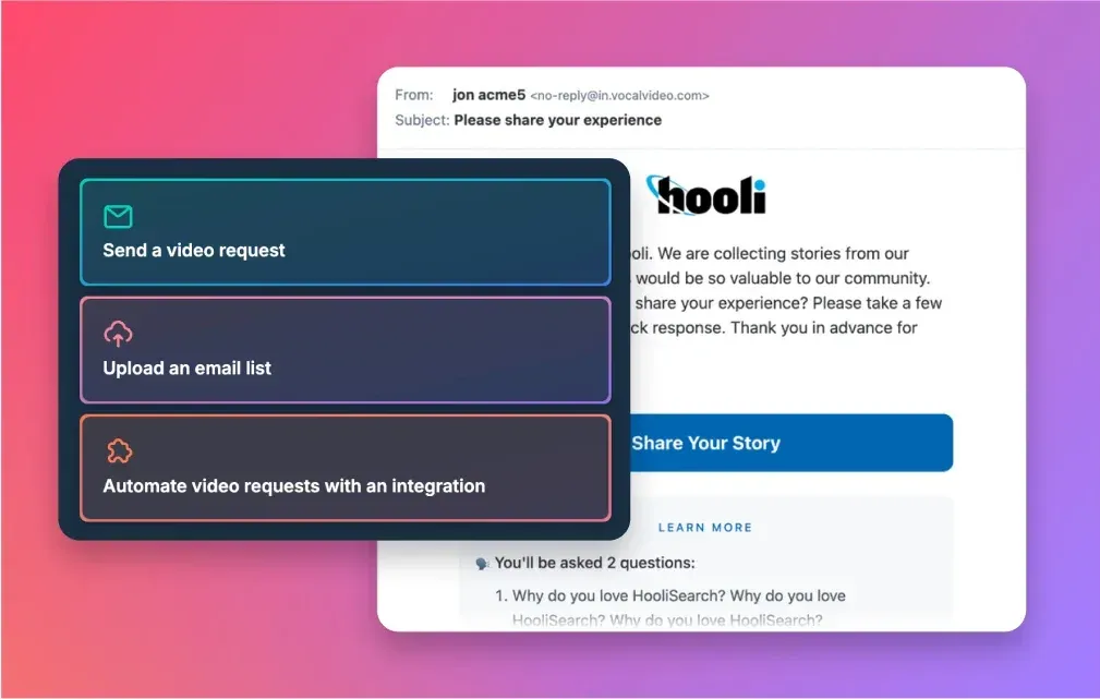 Vocal Video's request options — send from a list, a one-off link, or an automated trigger — shown beside the branded email invitation they send.