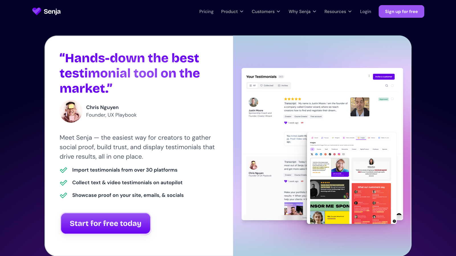 The Senja homepage: "Hands-down the best testimonial tool on the market" — collect and display text and video testimonials in a wall of love, aimed at creators.