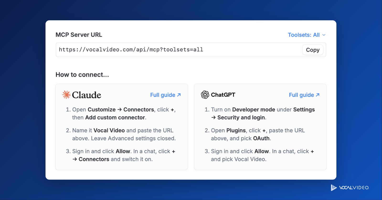 The Connect AI Assistant page in Vocal Video, showing the MCP server URL and step-by-step instructions for connecting Claude and ChatGPT.