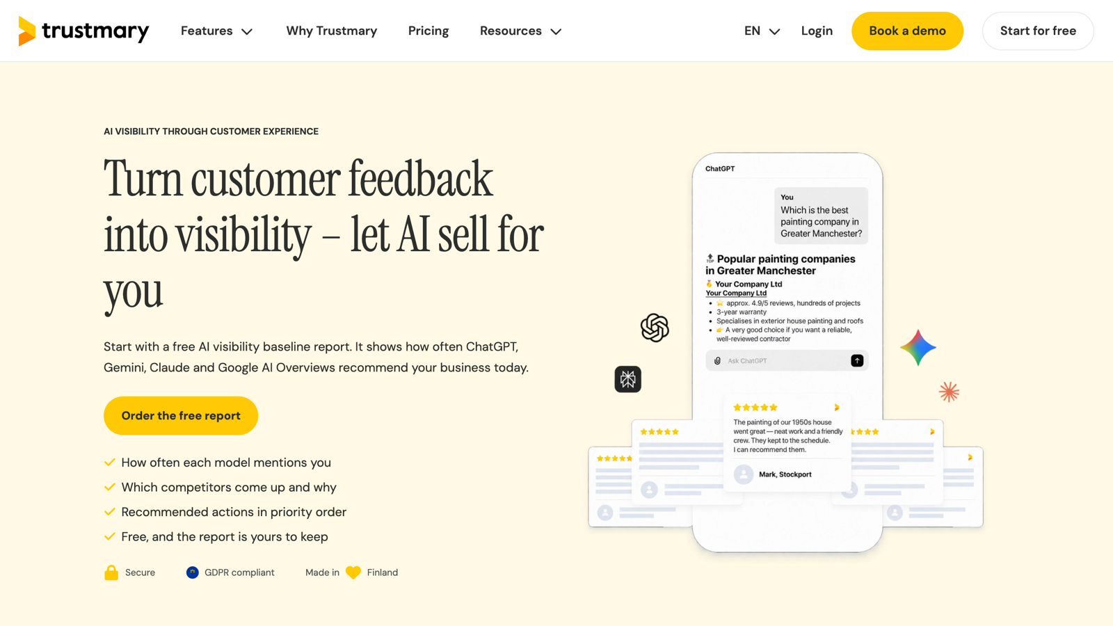 The Trustmary homepage: "Turn customer feedback into visibility — let AI sell for you" — a testimonials, reviews, and surveys suite behind one widget layer.