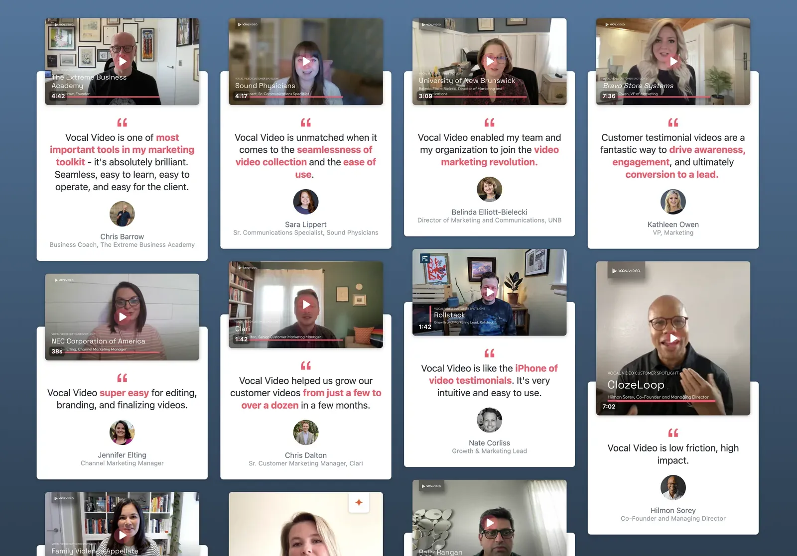 A published Wall of Love gallery: branded customer video cards interleaved with pull quotes.